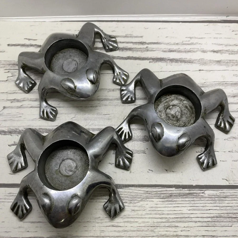 Restoration Hardware Lot 3 Frog Tea Light Candle Holder Aluminum Silver Chrome